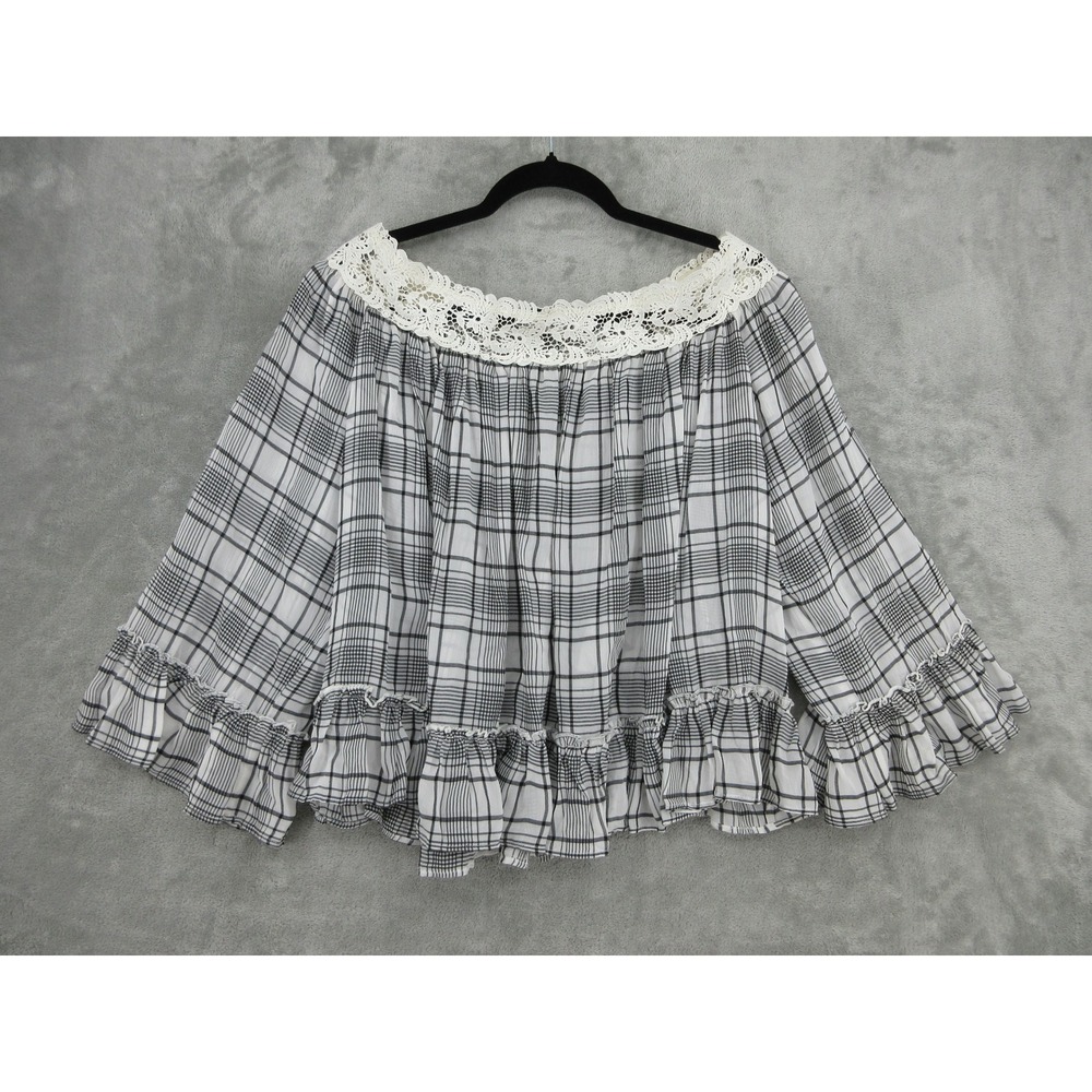 LOFT Blouse Womens Size M Plaid Lace Trim Off Shoulder Ruffle Sheer Cottage Grey